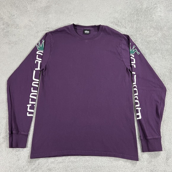 Stussy Shirt Mens Small Purple Long Sleeve Tee Spellout Crewneck 100% Cotton - Picture 1 of 13